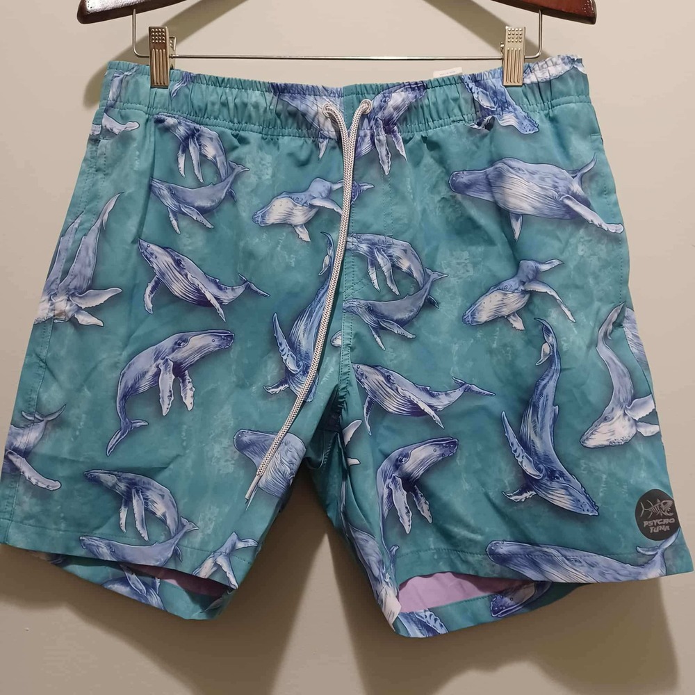 Psycho Tuna Men's Whale‎ Print Swim Trunks Blue Drawstring Elastic Waist L Large
